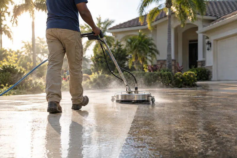 A technician guiding a surface cleaner across a driveway, leaving a clean stripe behind