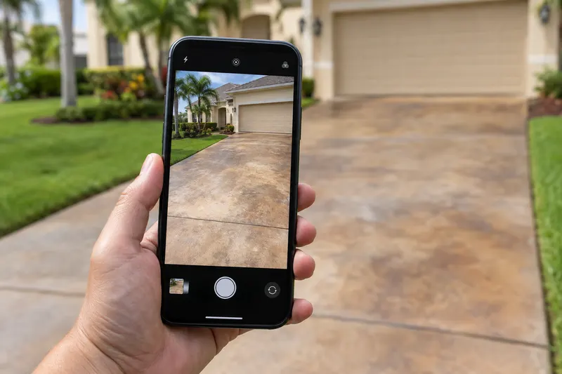 A hand holding a phone up to photograph a stained driveway