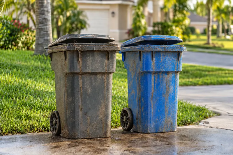 Before: two curbside trash bins, dirty