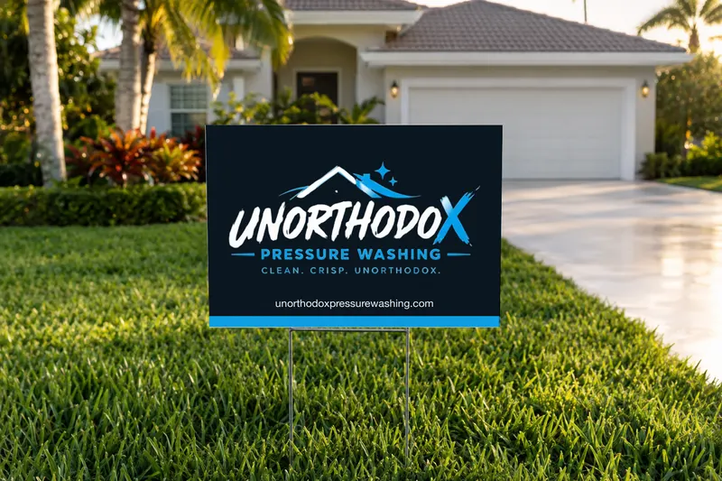 An Unorthodox Pressure Washing yard sign on a front lawn